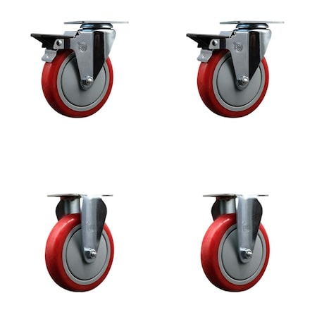 Service Caster 5'' Red Poly Wheel Swivel Top Plate Caster Set with 2 Posi Brakes 2 Rigid, 4PK SCC-20S514-PPUB-RED-PLB-2-R-2